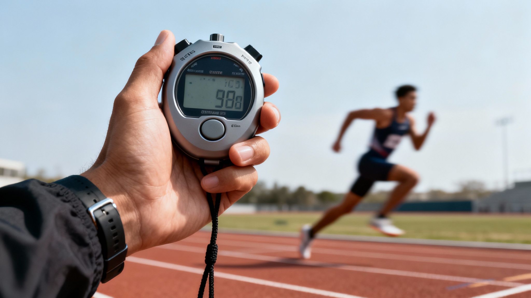 A hand holding a stopwatch displays a time while a runner sprints on an outdoor track.
