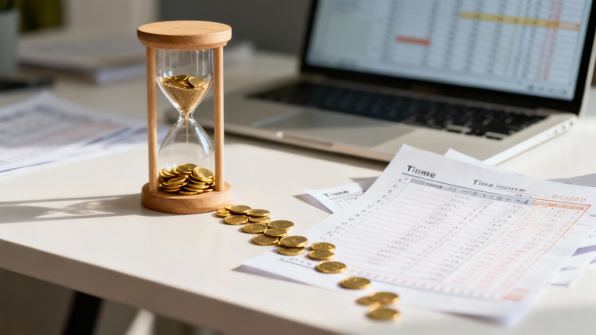Hourglass with gold coins, laptop, and time tracking documents on a desk, symbolizing time as money.