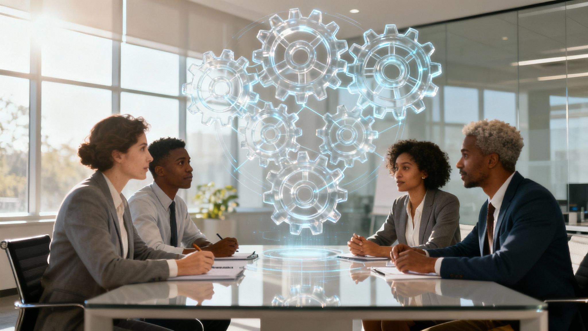 A team collaborating effectively in a modern office space, symbolizing high team efficiency.