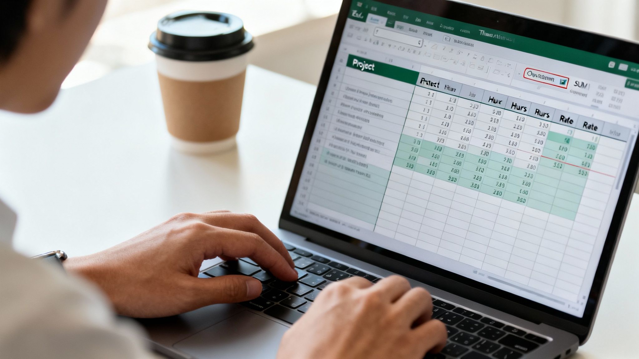 Over-the-shoulder view of a person's hands typing on a laptop displaying a project timesheet.