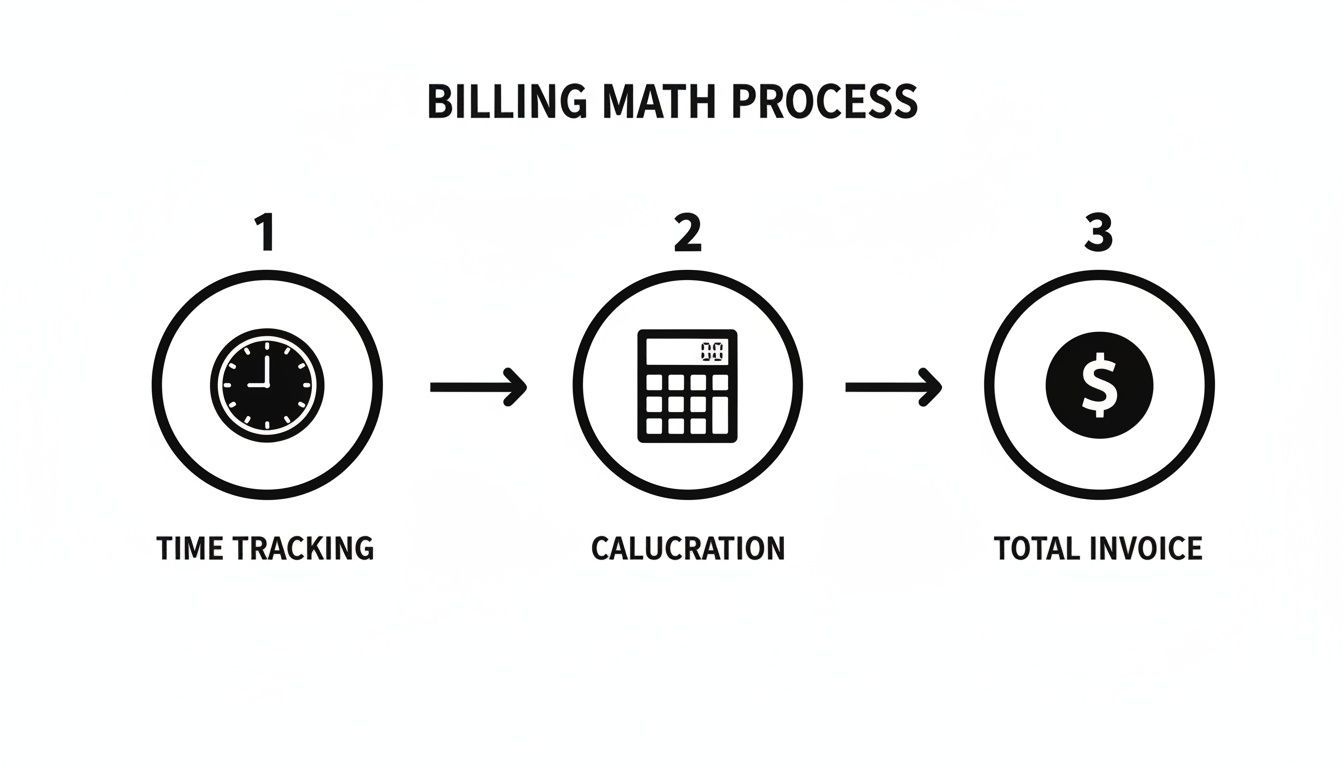 A three-step diagram showing the billing math process: time tracking with a clock, calculation with a calculator, and total invoice with a dollar sign.
