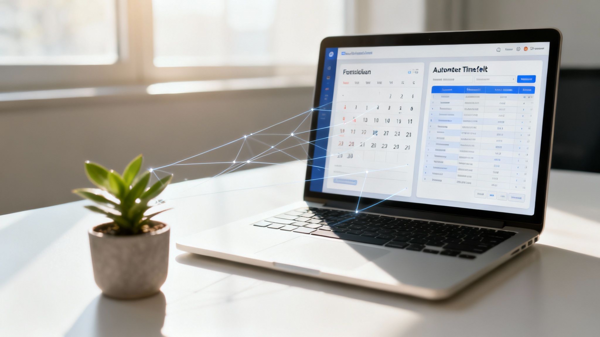 A laptop on a desk showing a time management app and calendar, with a connected data network overlay.
