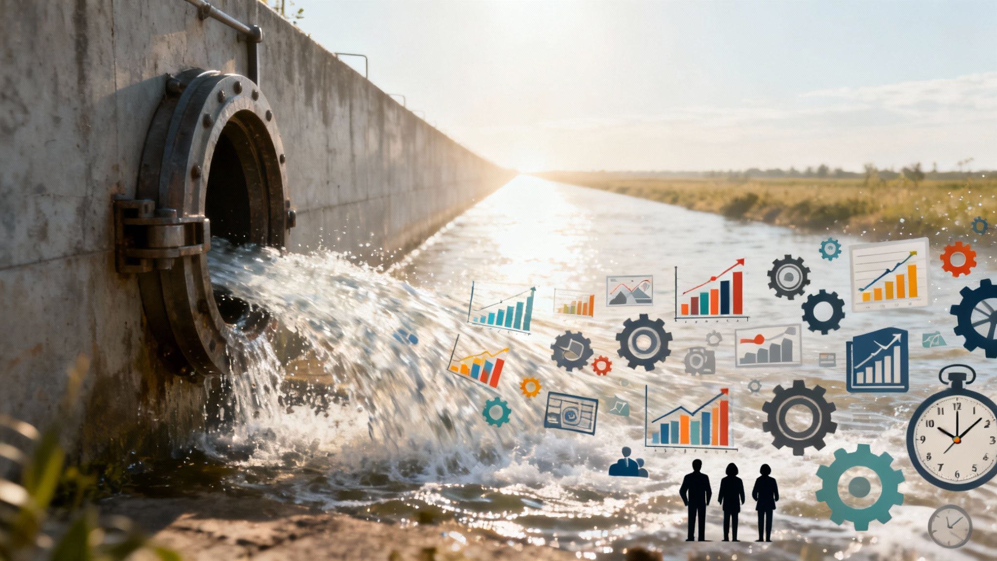 A team collaborating around a table with charts and graphs, symbolizing strategic growth and data-driven decisions.