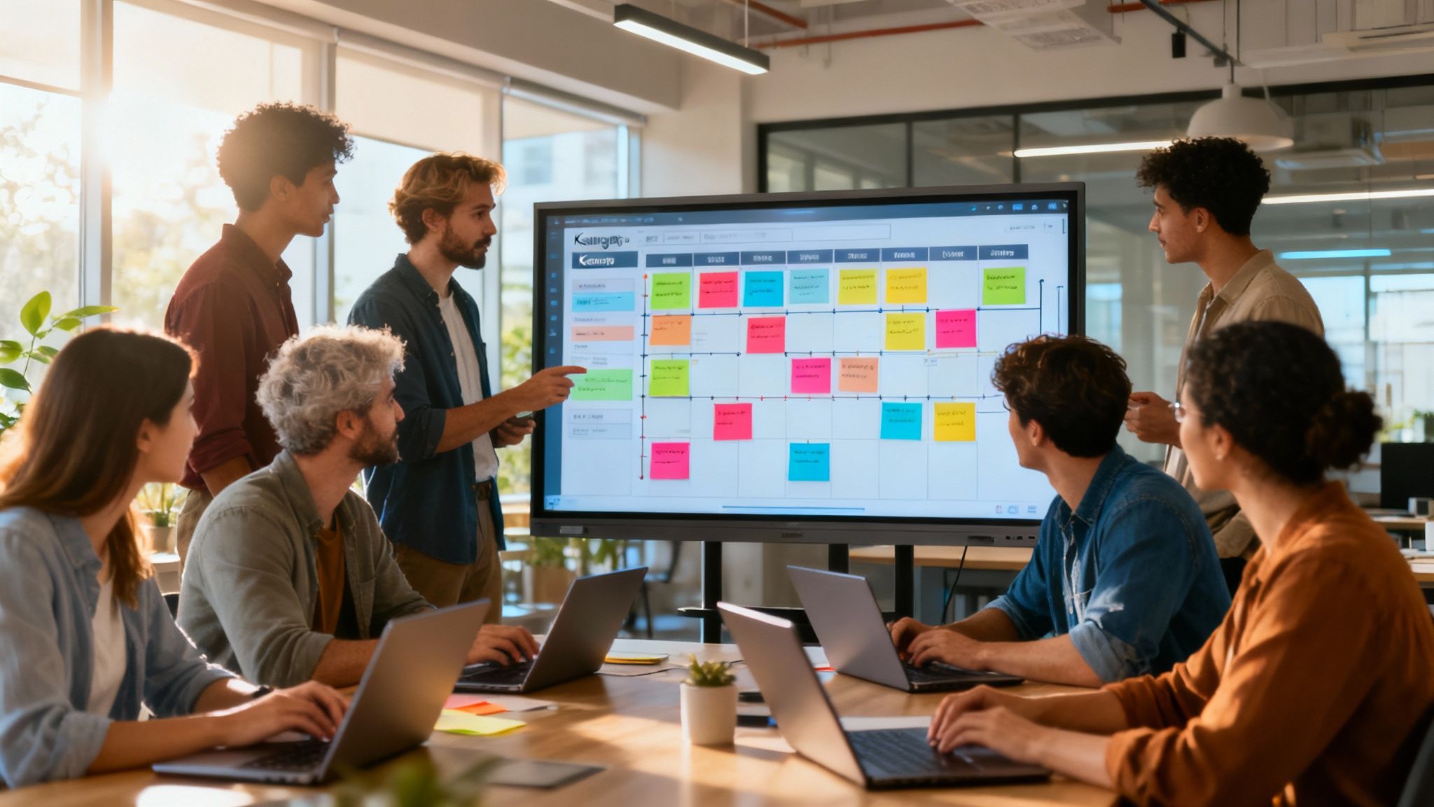 A team collaborating around a whiteboard, pointing at sticky notes, illustrating the hands-on nature of agile project planning.