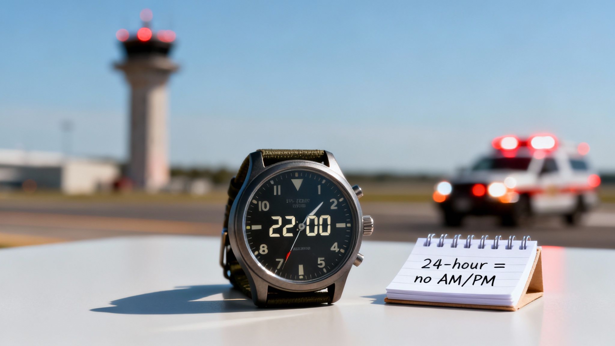 A watch displays 22:00 on a table at an airport, with a notebook explaining the 24-hour clock.