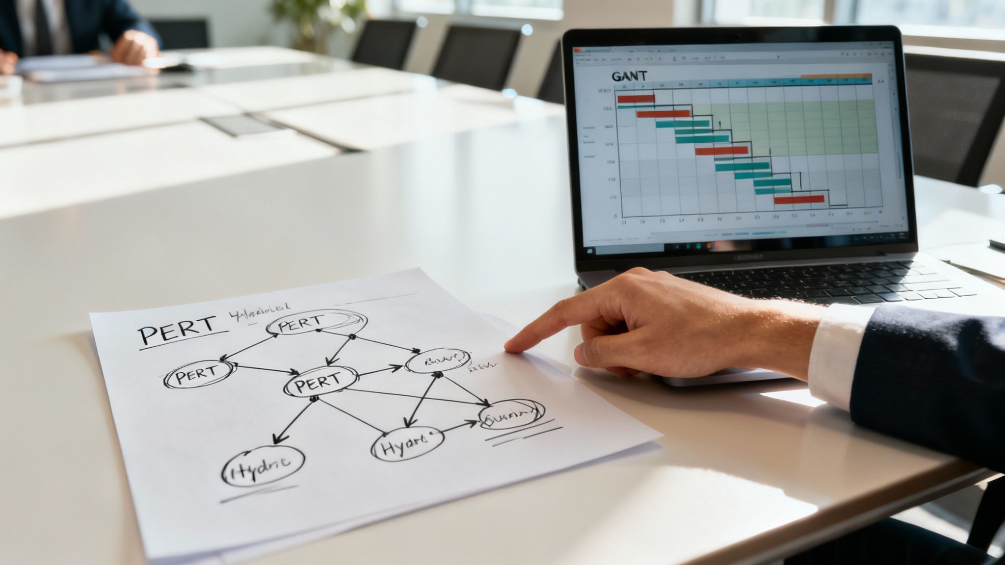 An illustration showing a PERT chart feeding into a Gantt chart, symbolizing a hybrid project management approach.