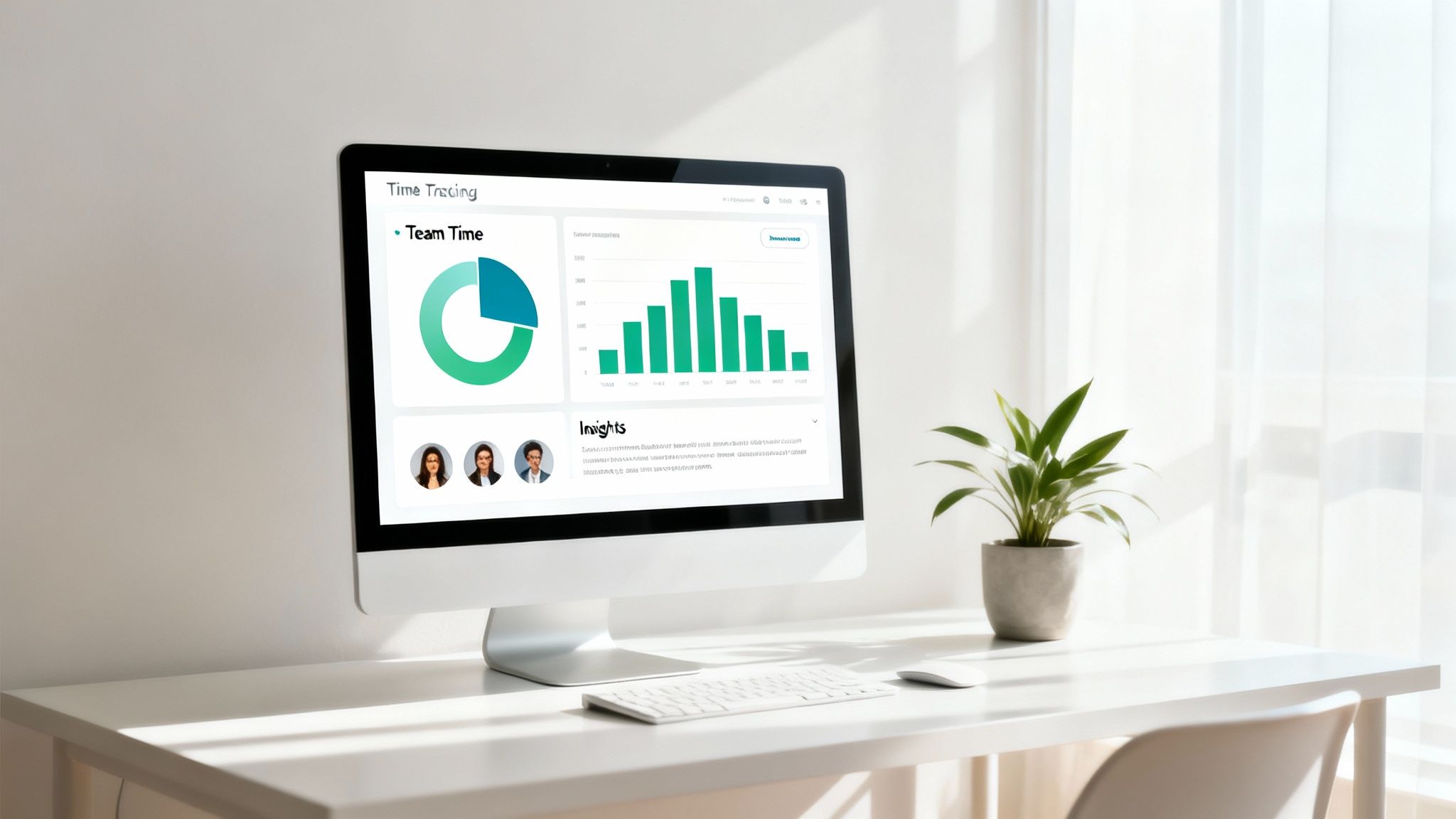 A desktop computer displaying a time tracking dashboard on a clean desk with a plant and natural light.