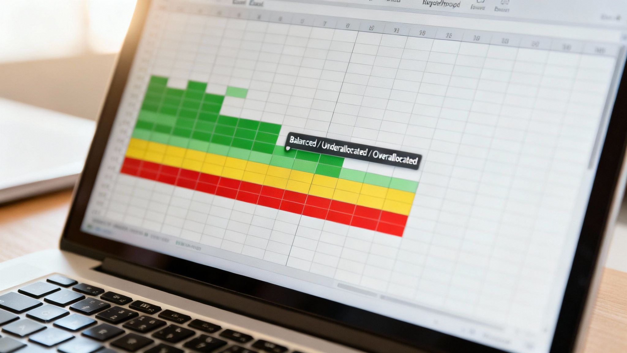 A laptop screen displays an Excel spreadsheet with a color-coded chart for resource allocation.
