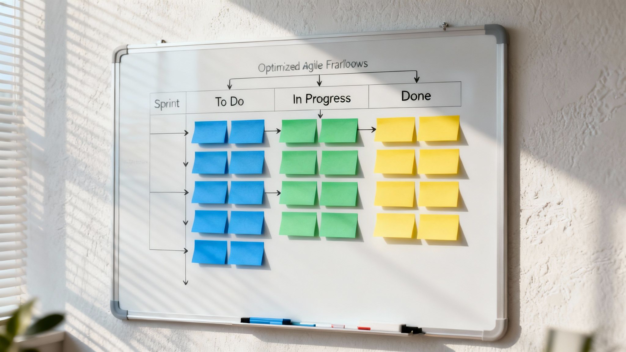 A group of professionals working on a workflow diagram on a whiteboard.