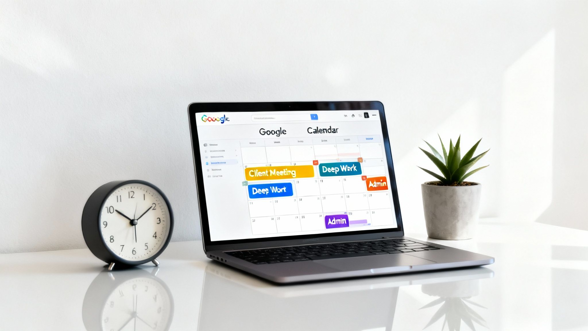 A laptop displaying Google Calendar with scheduled events like Deep Work and Client Meeting, next to a desk clock.