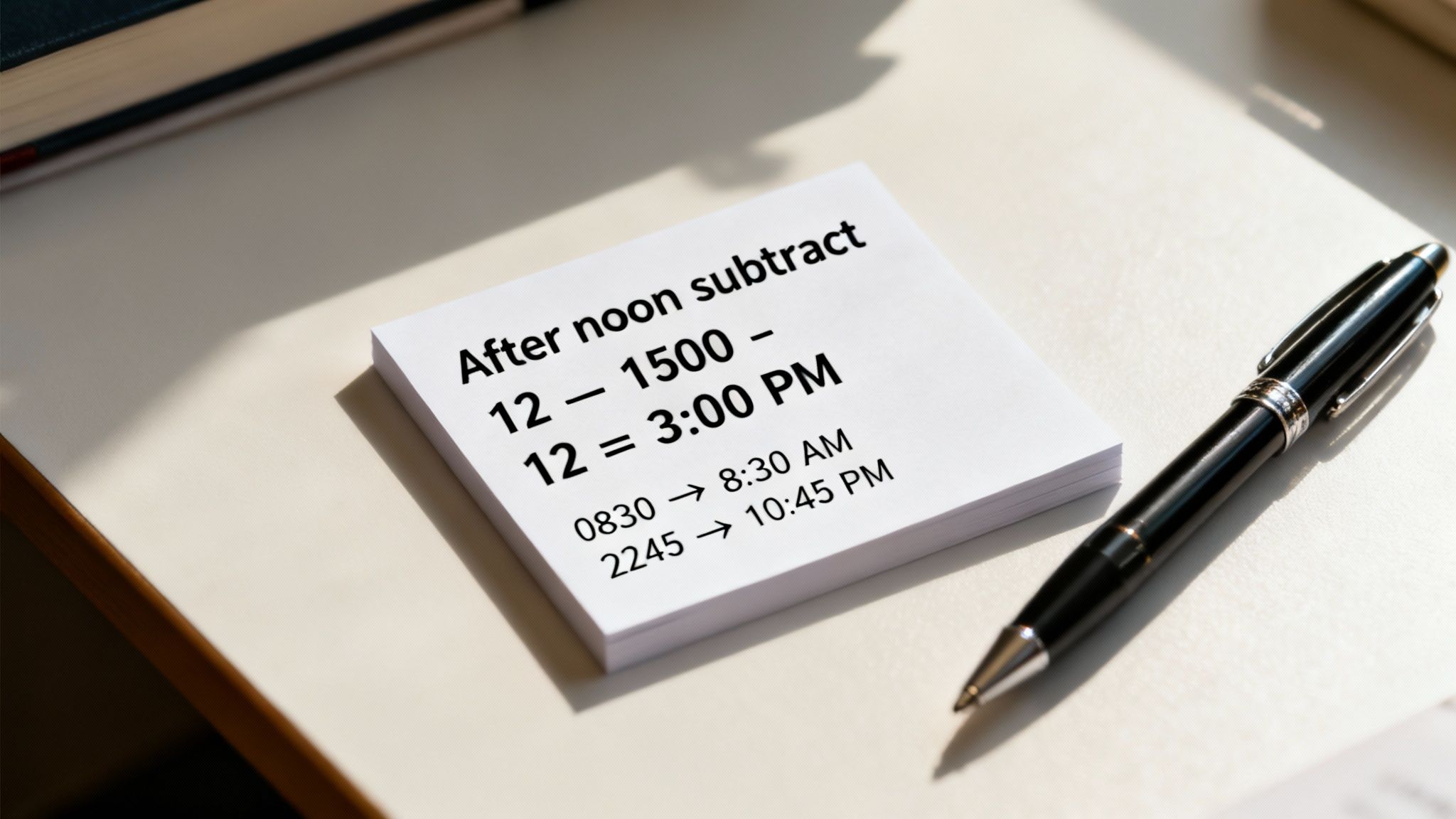 A white note explaining military time conversion with examples, next to a black pen.