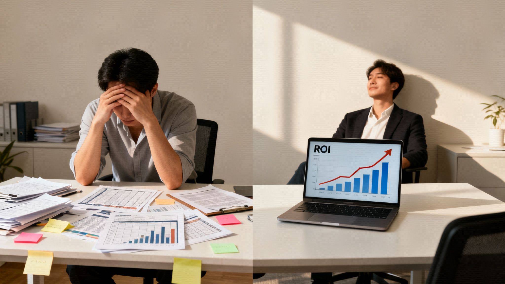 A split image showing a stressed worker at a messy desk and a relaxed worker with a positive ROI graph on a laptop.