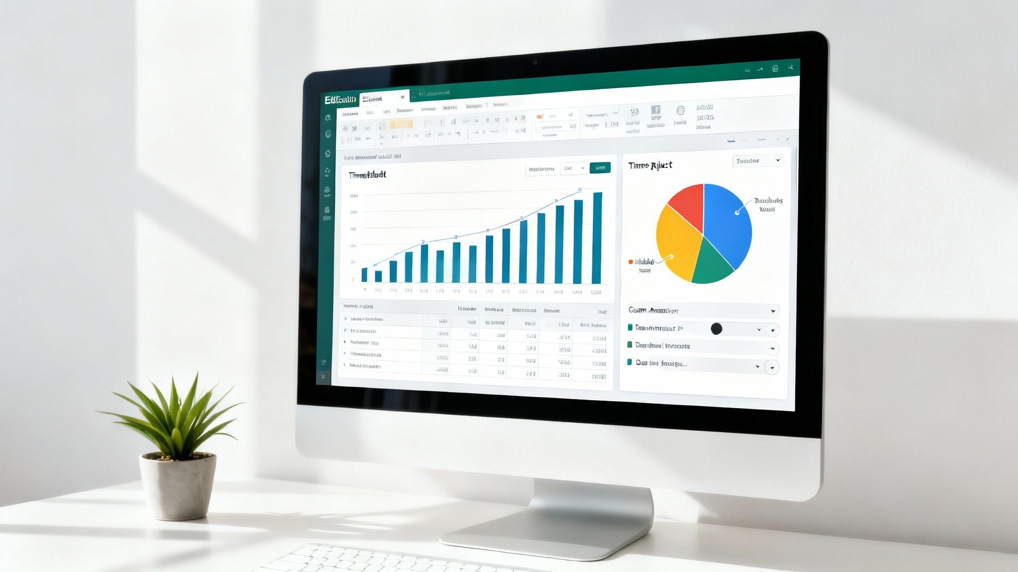 Modern computer monitor displaying an Excel-like spreadsheet with data visualization charts and tables on a clean desk.
