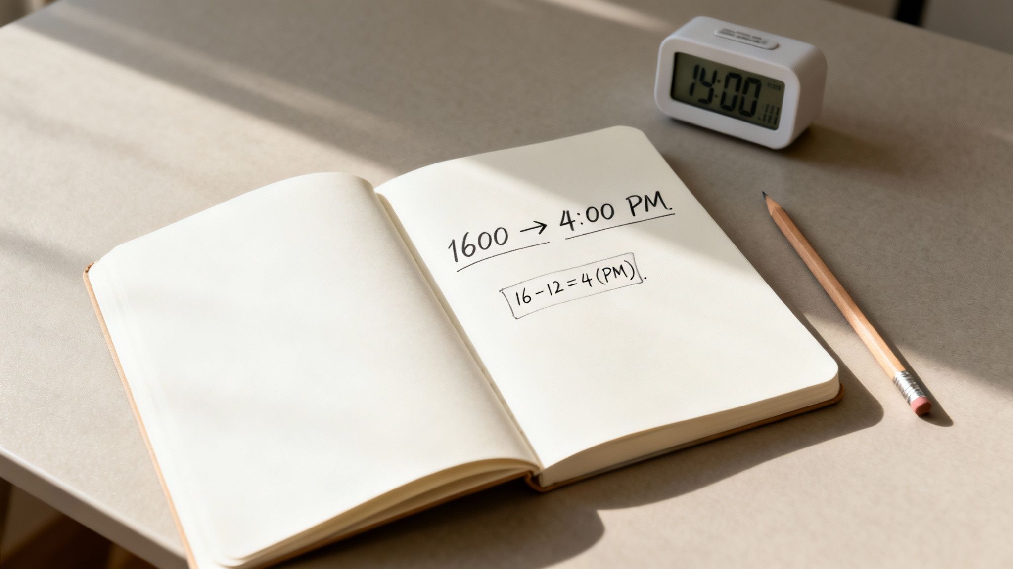 An open notebook with a handwritten calculation converting 1600 to 4 PM, a digital clock, and a pencil.