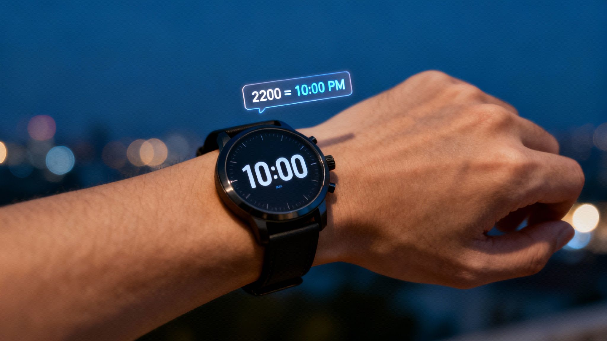 A person's arm with a smartwatch displaying 10:00, showing a holographic 2200 = 10:00 PM.