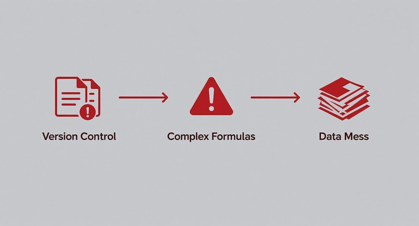 A diagram showing how poor version control and complex formulas lead to a data mess.