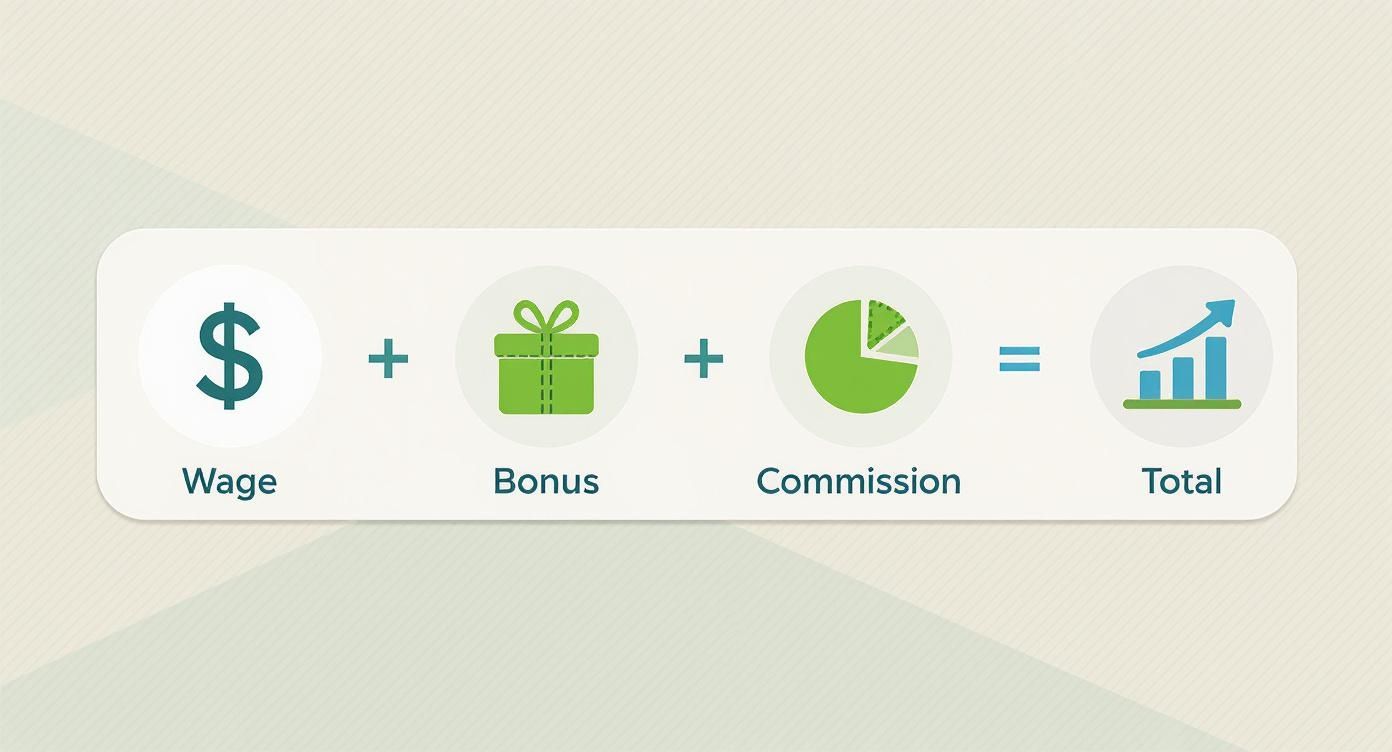 An infographic illustrating how total income is calculated: Wage + Bonus + Commission = Total.