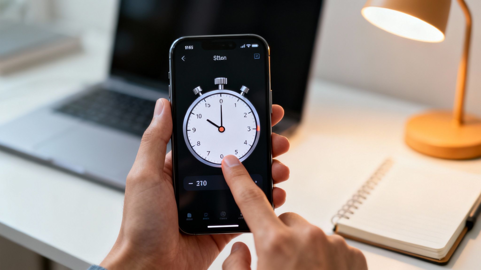 Close-up of hands holding a smartphone displaying a digital stopwatch app on a desk with a laptop.