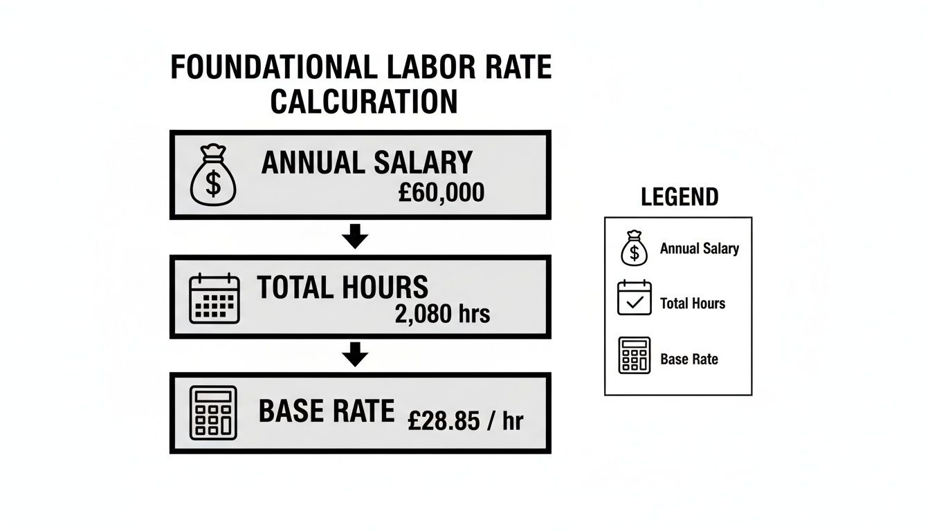 Flowchart illustrating the foundational labor rate calculation from annual salary and total hours.