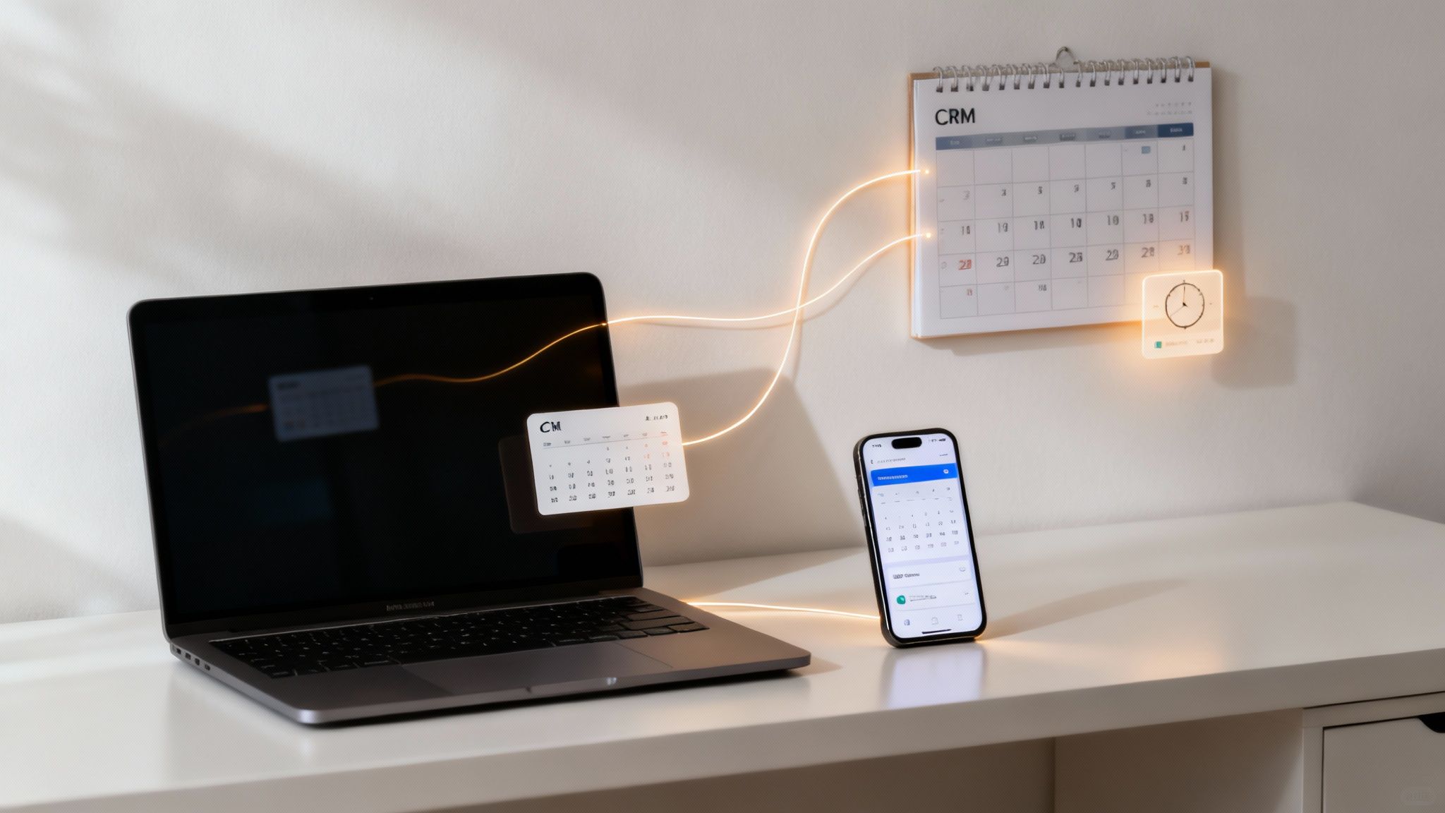 Laptop, smartphone, and wall calendar displaying CRM system with glowing connection lines illustrating integration