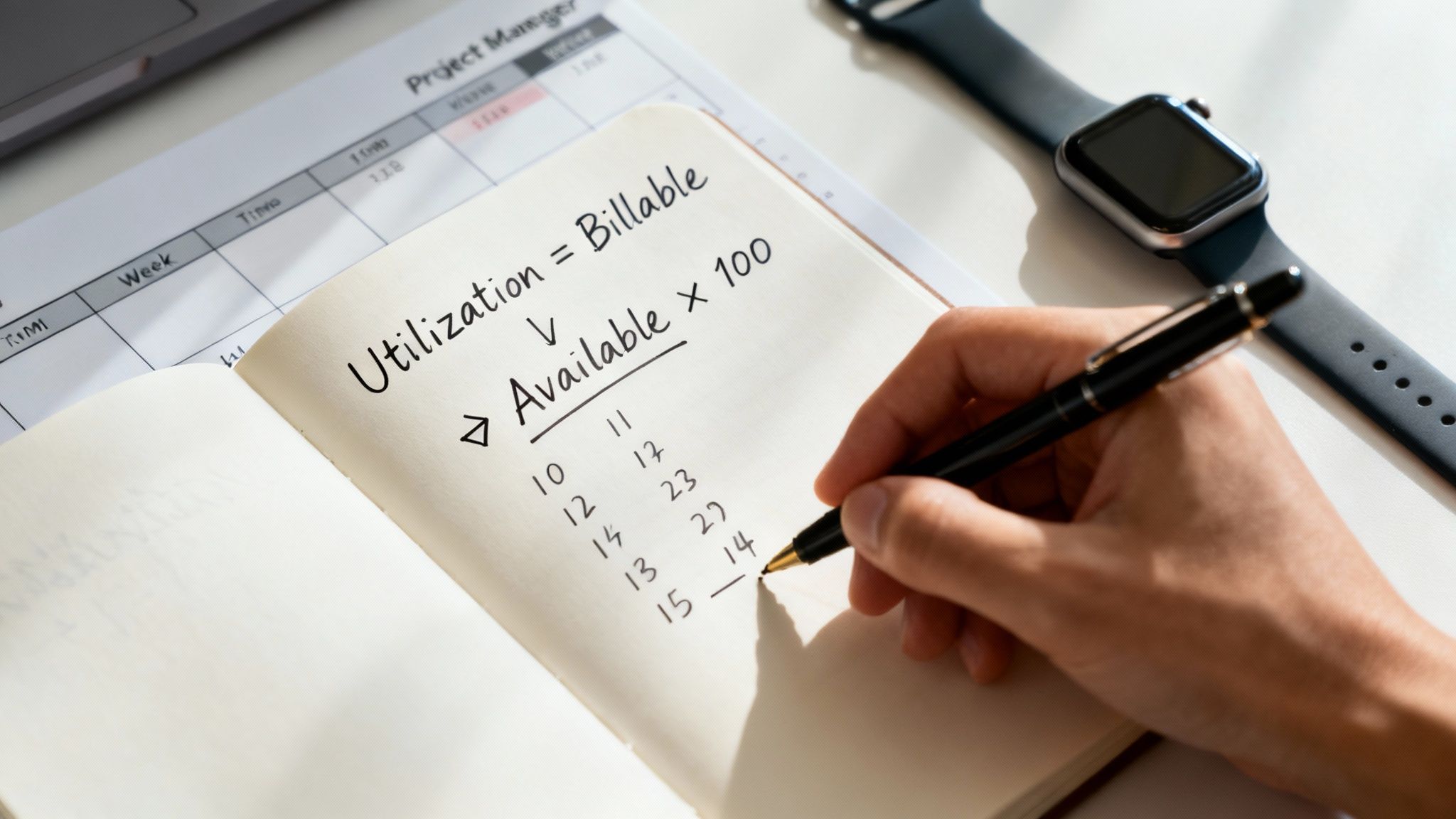 A professional working on a laptop, analyzing data on a spreadsheet.