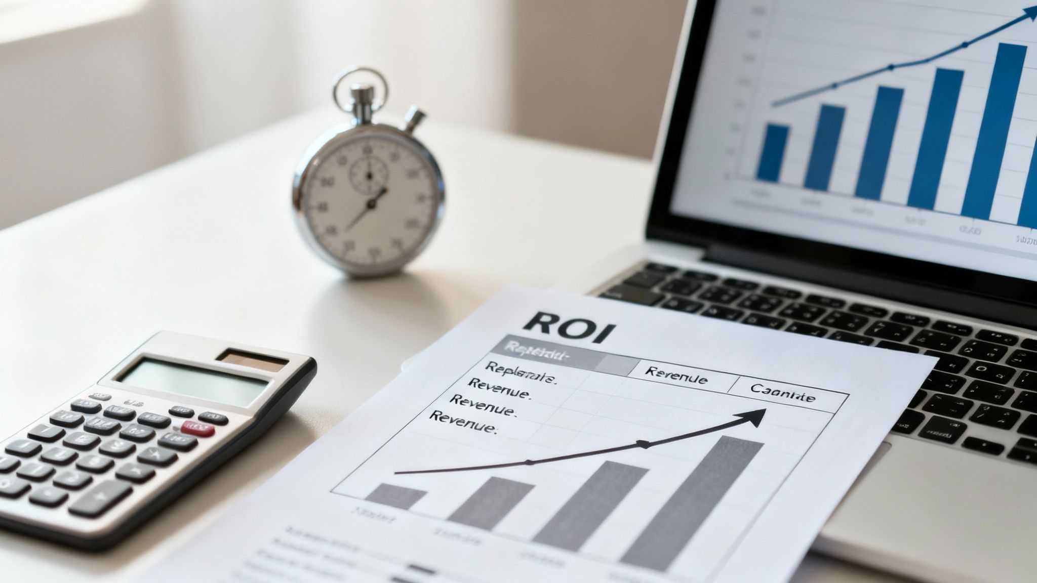 A desk with a laptop displaying a growth chart, an ROI report document, a calculator, and a stopwatch.