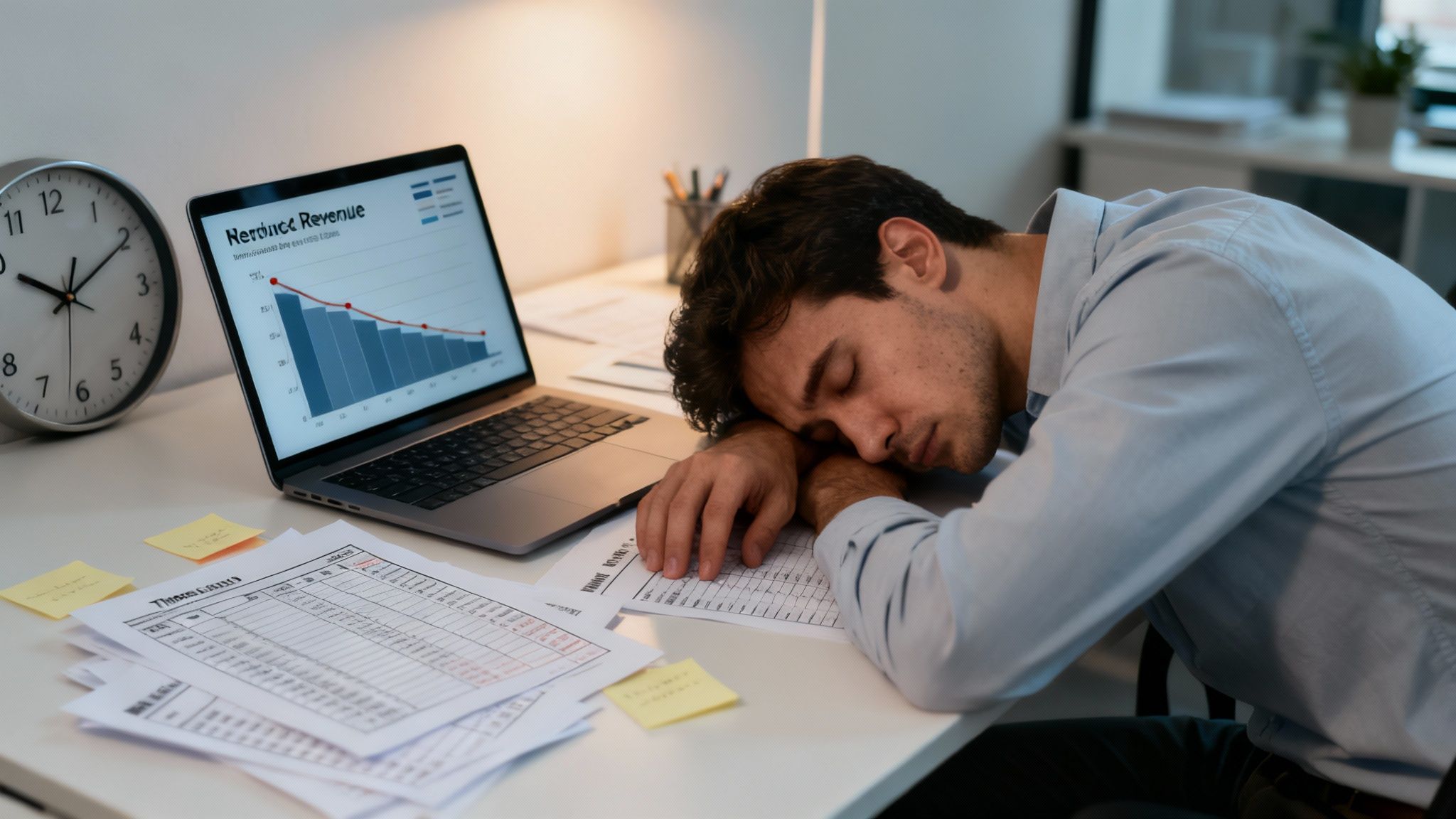An exhausted man sleeping at his desk, surrounded by documents, a laptop showing a declining revenue chart, and a clock.