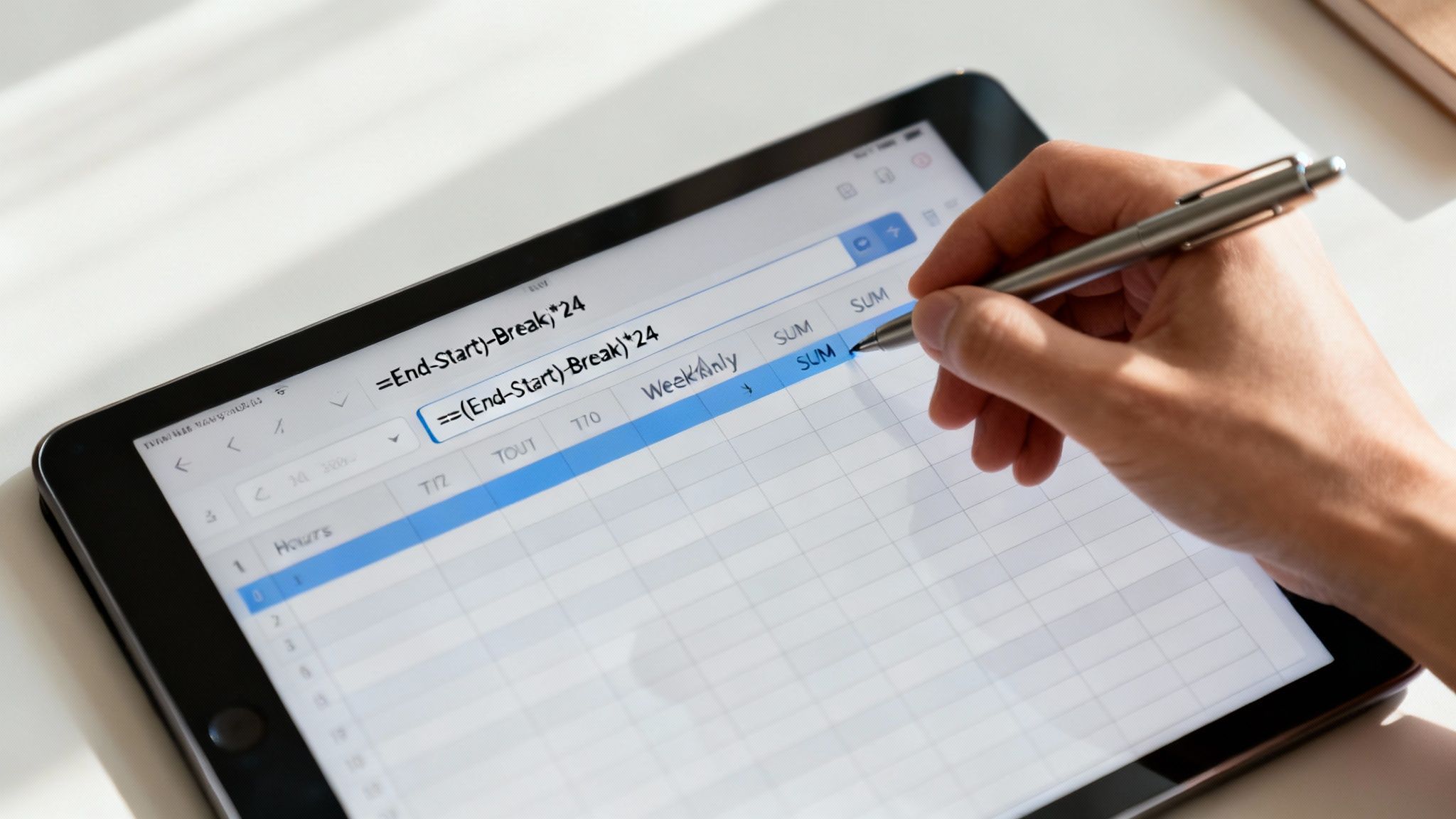 A sample timesheet in Excel showing columns for date, start time, end time, and total hours, with formulas being applied to calculate the duration of work shifts.