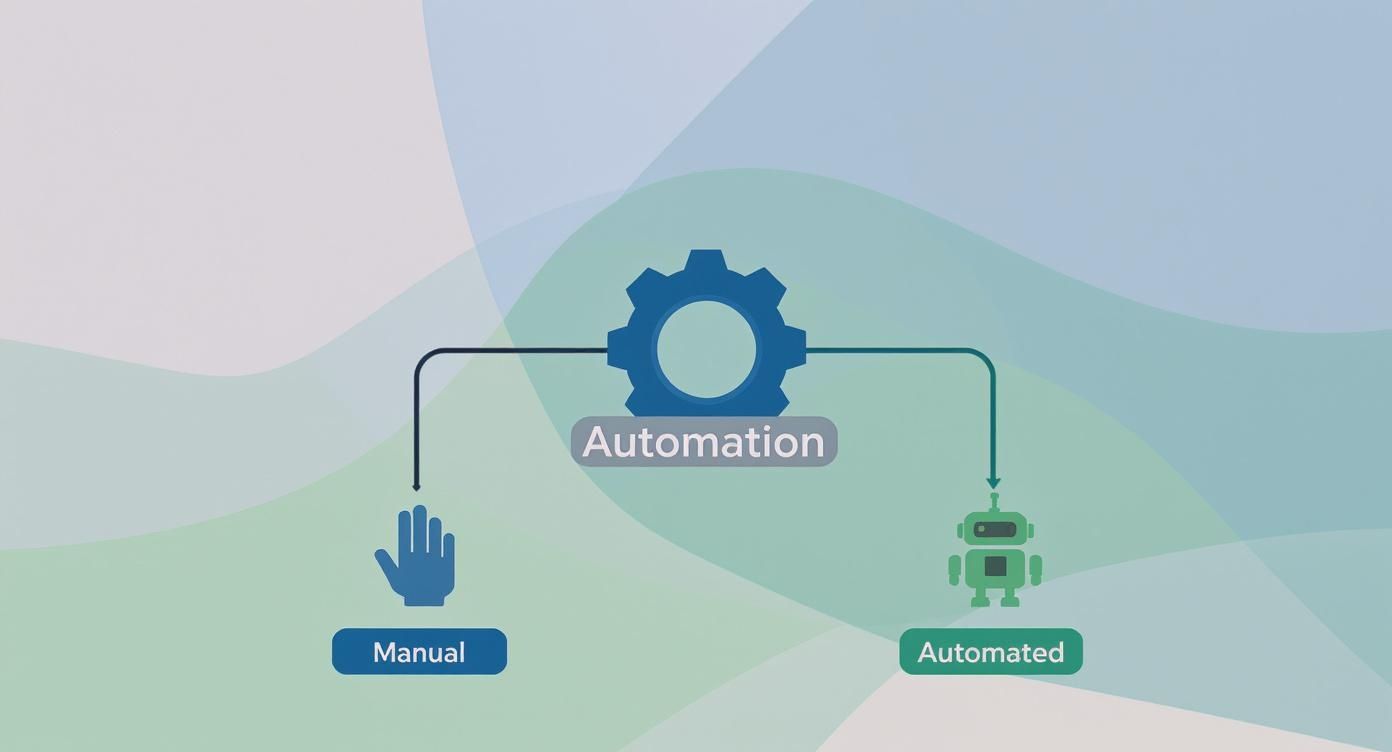 A diagram illustrating automation with a gear leading to manual (hand) and automated (robot) processes.