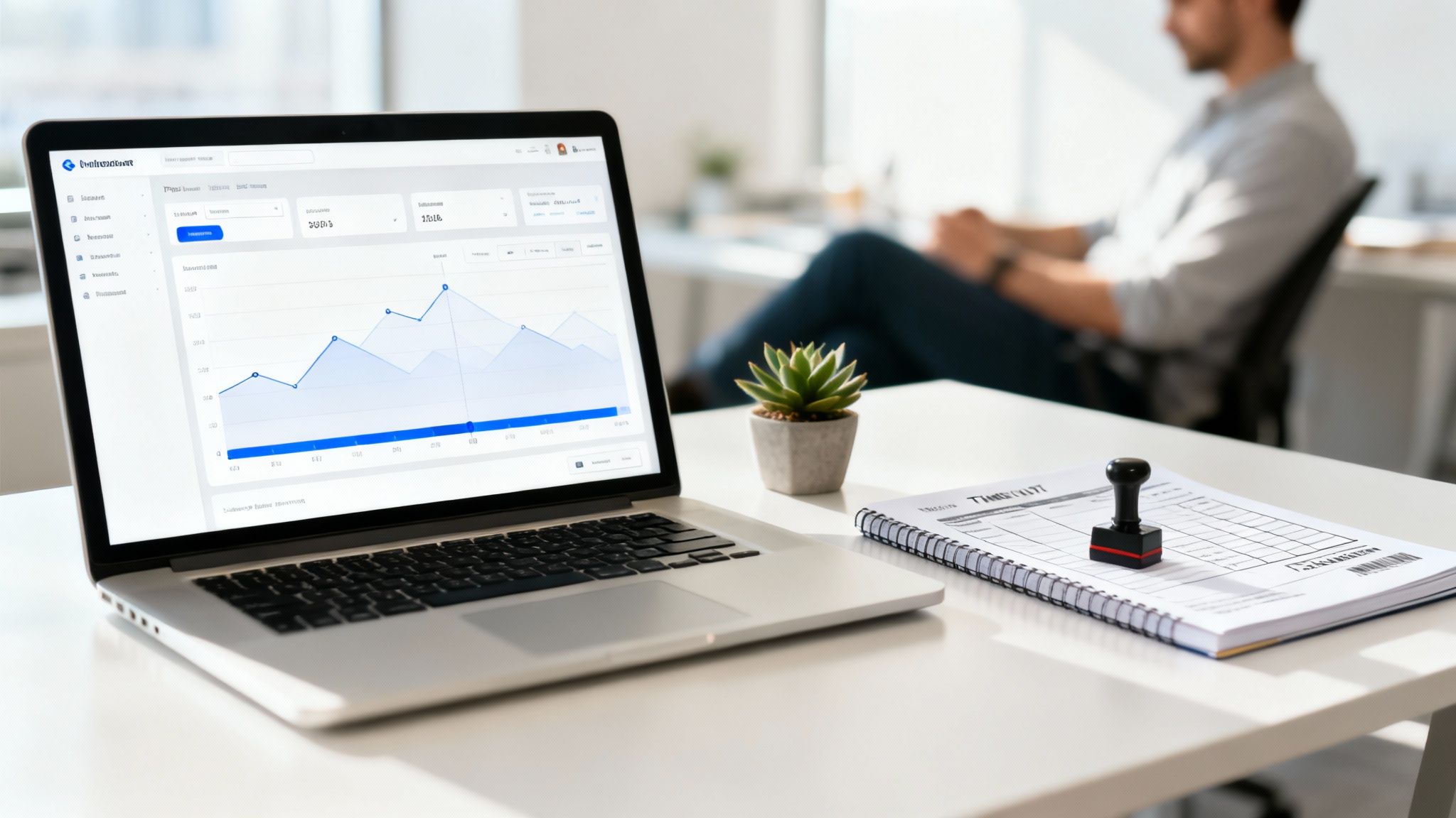 Laptop displaying a data analytics dashboard on a modern office desk with a blurred person.