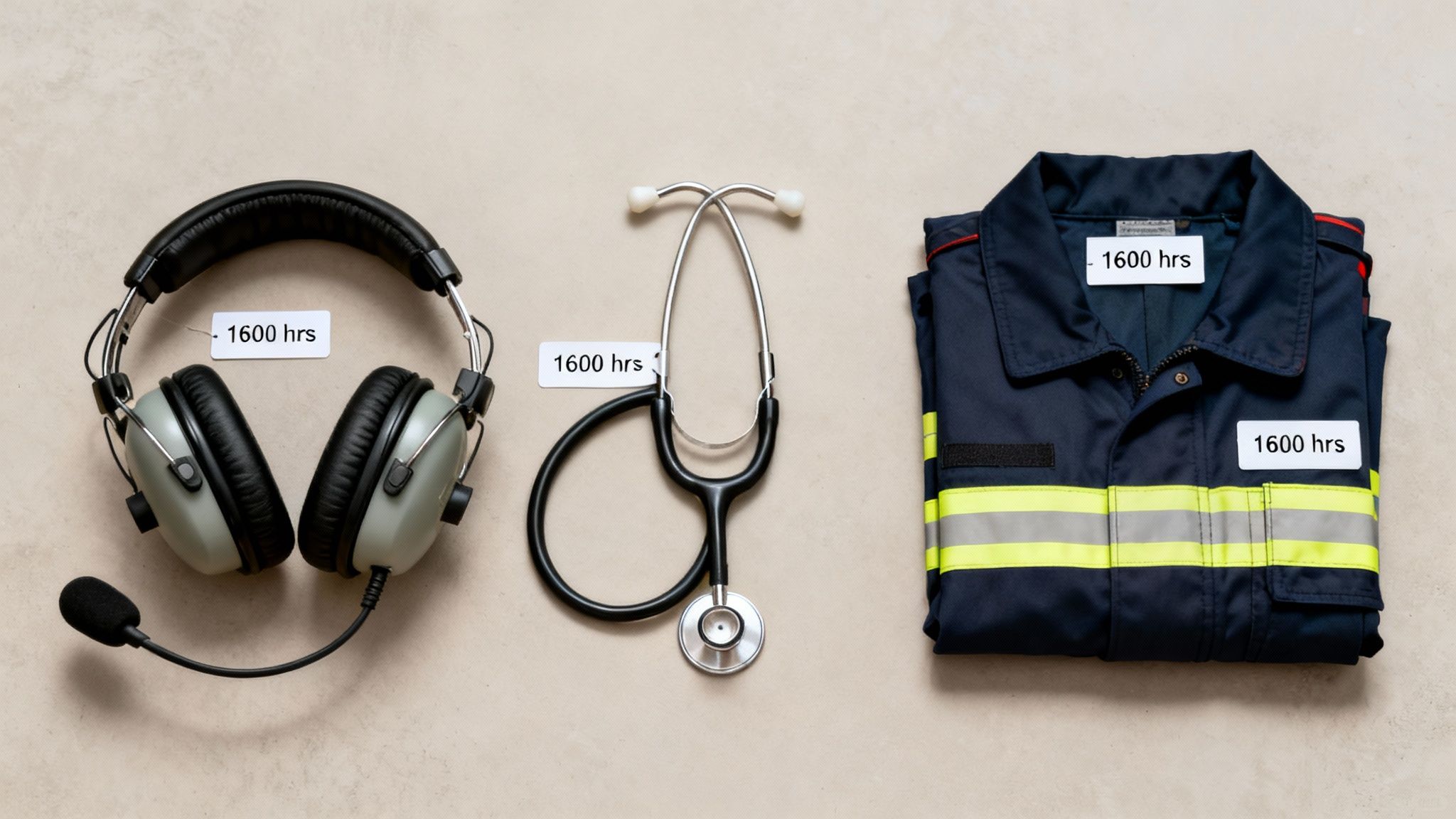 Headphones, a stethoscope, and a uniform jacket, each displaying a "1600 hrs" label.