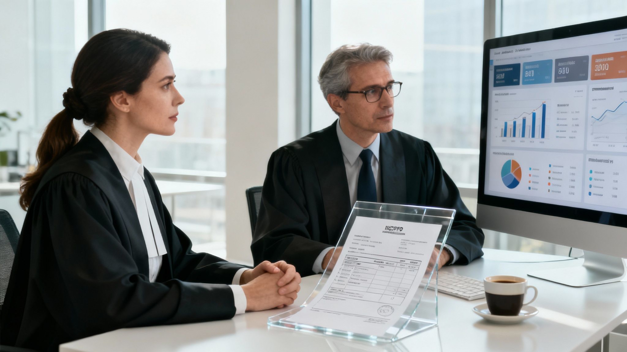 Lawyer reviewing data on a tablet, symbolizing strategic benefits of time tracking