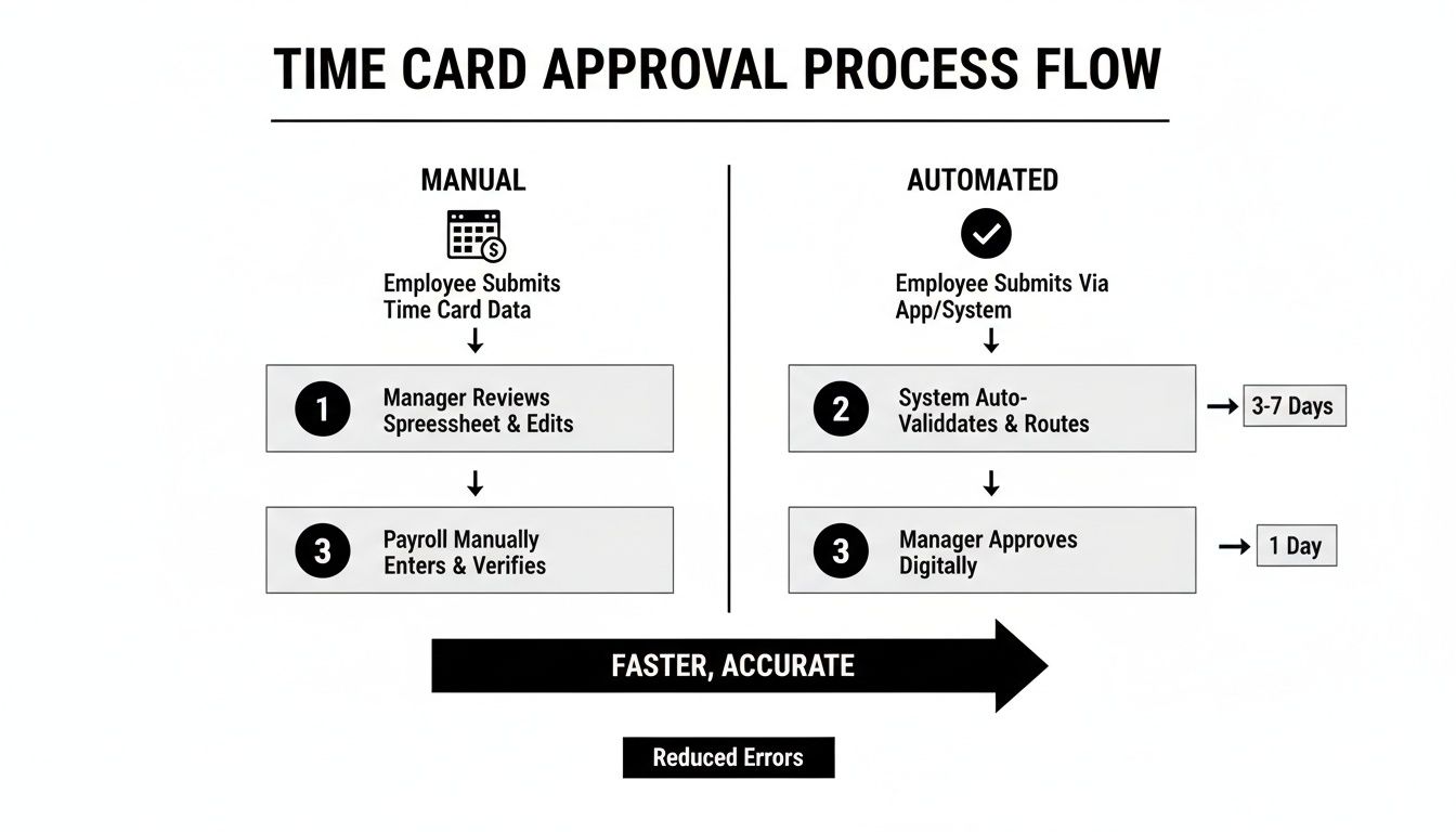 Comparison of manual versus automated time card approval process, showing steps and efficiency improvements.