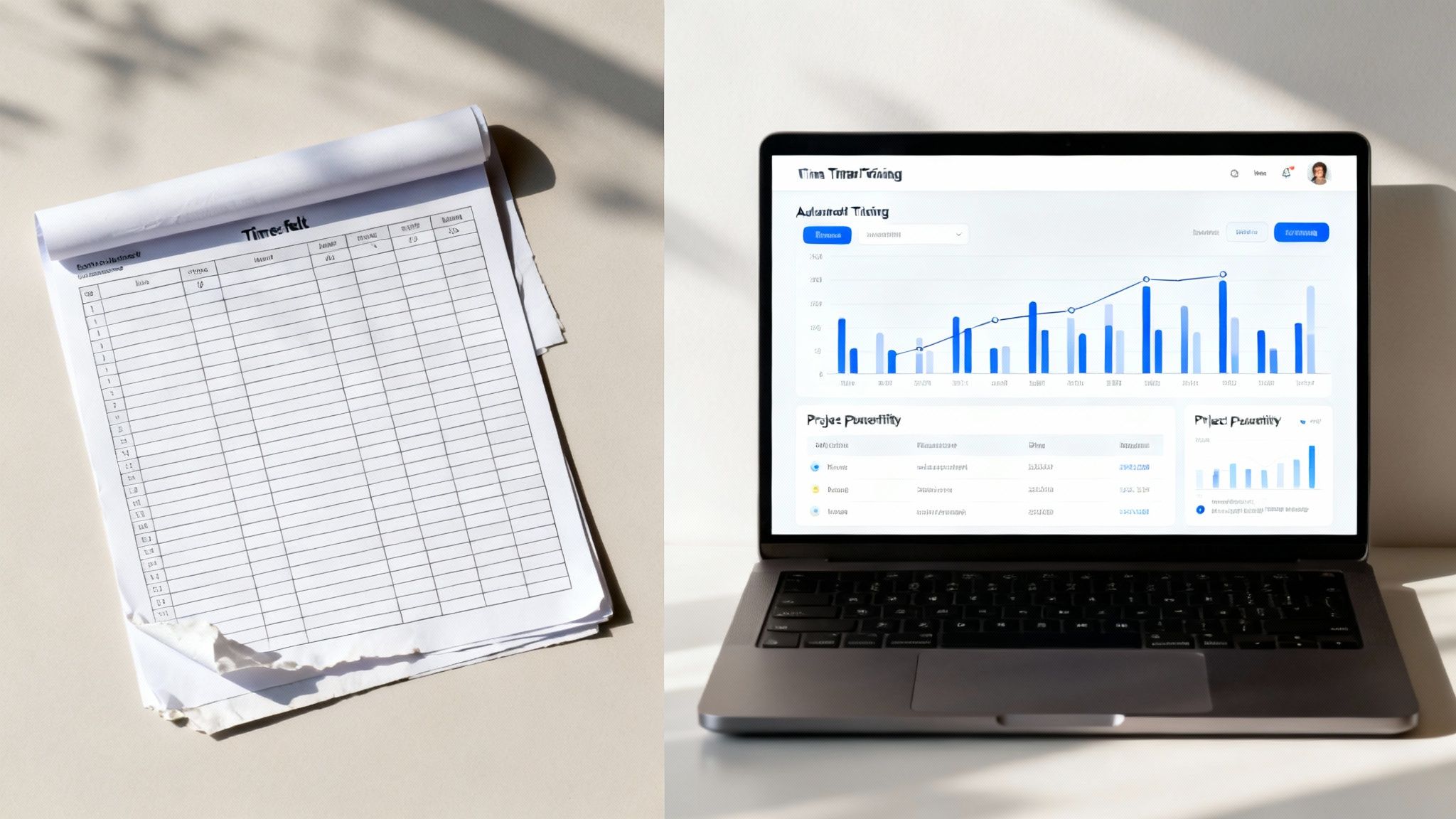 Comparing a traditional paper timesheet template with a modern digital project tracking dashboard on a laptop.