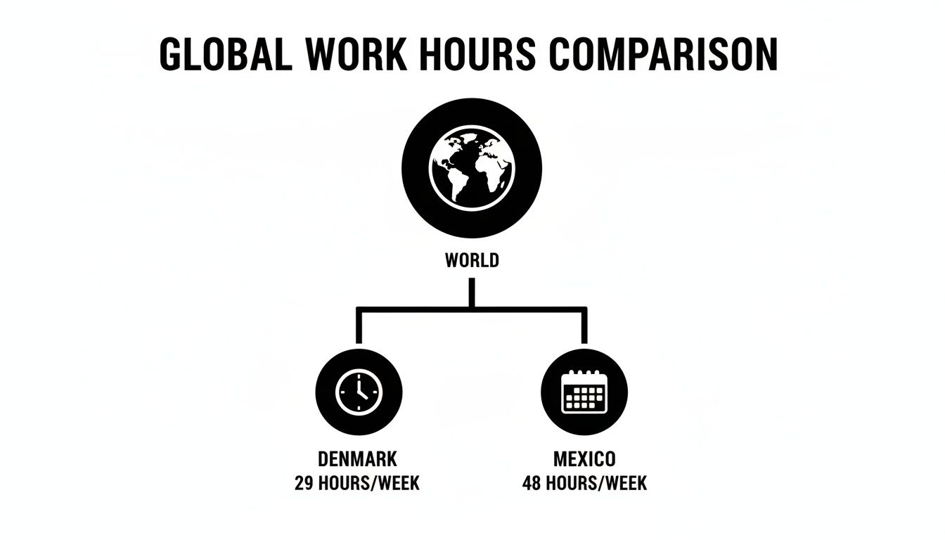 An infographic comparing Denmark's 29 work hours/week to Mexico's 48 work hours/week.