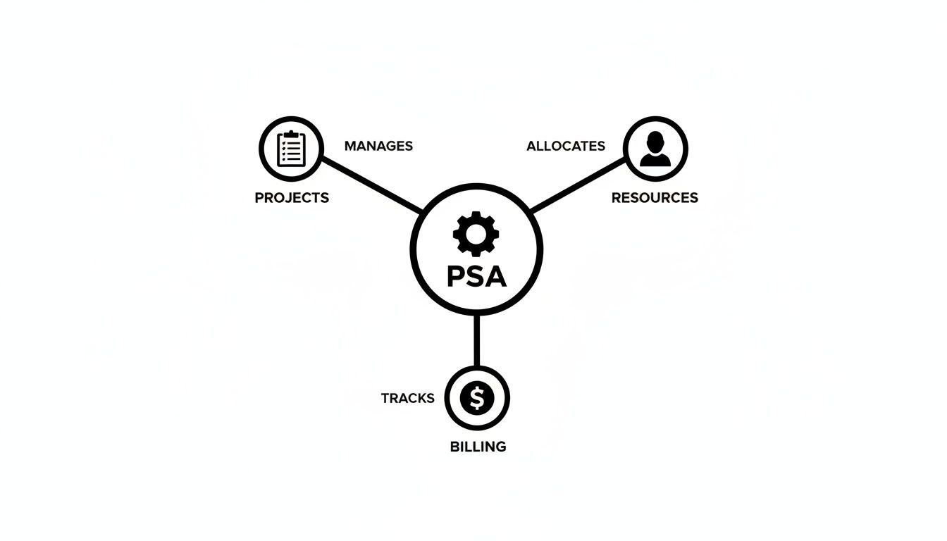 A diagram explaining Professional Services Automation (PSA) managing projects, allocating resources, and tracking billing.