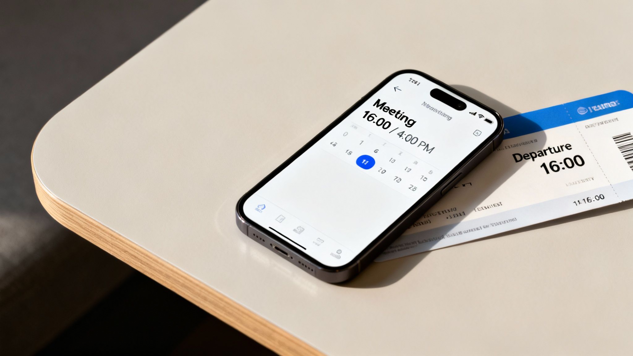 A smartphone displaying a 4 PM meeting on a calendar and a departure ticket, both indicating 16:00.