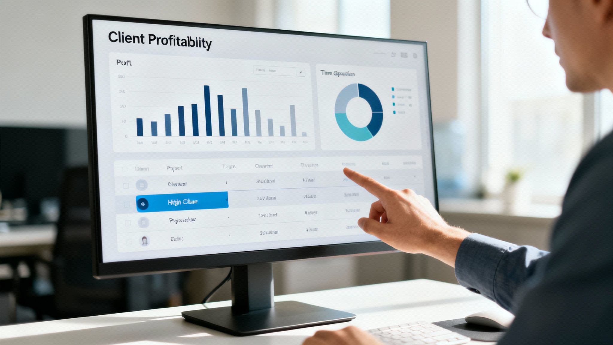 Man analyzing a client profitability data dashboard on a computer monitor in an office.