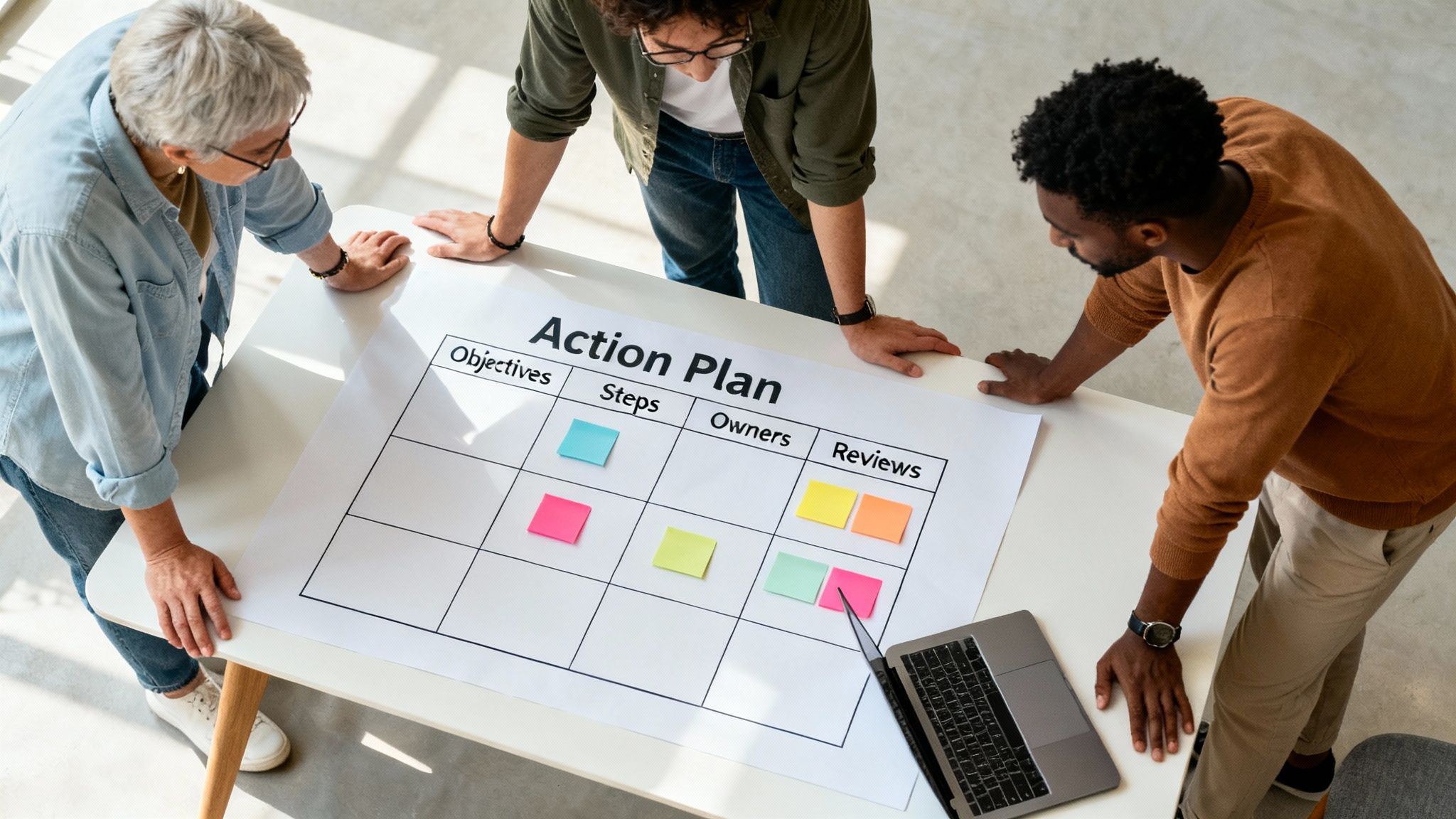 A team collaborating around a table with sticky notes, planning out a project.