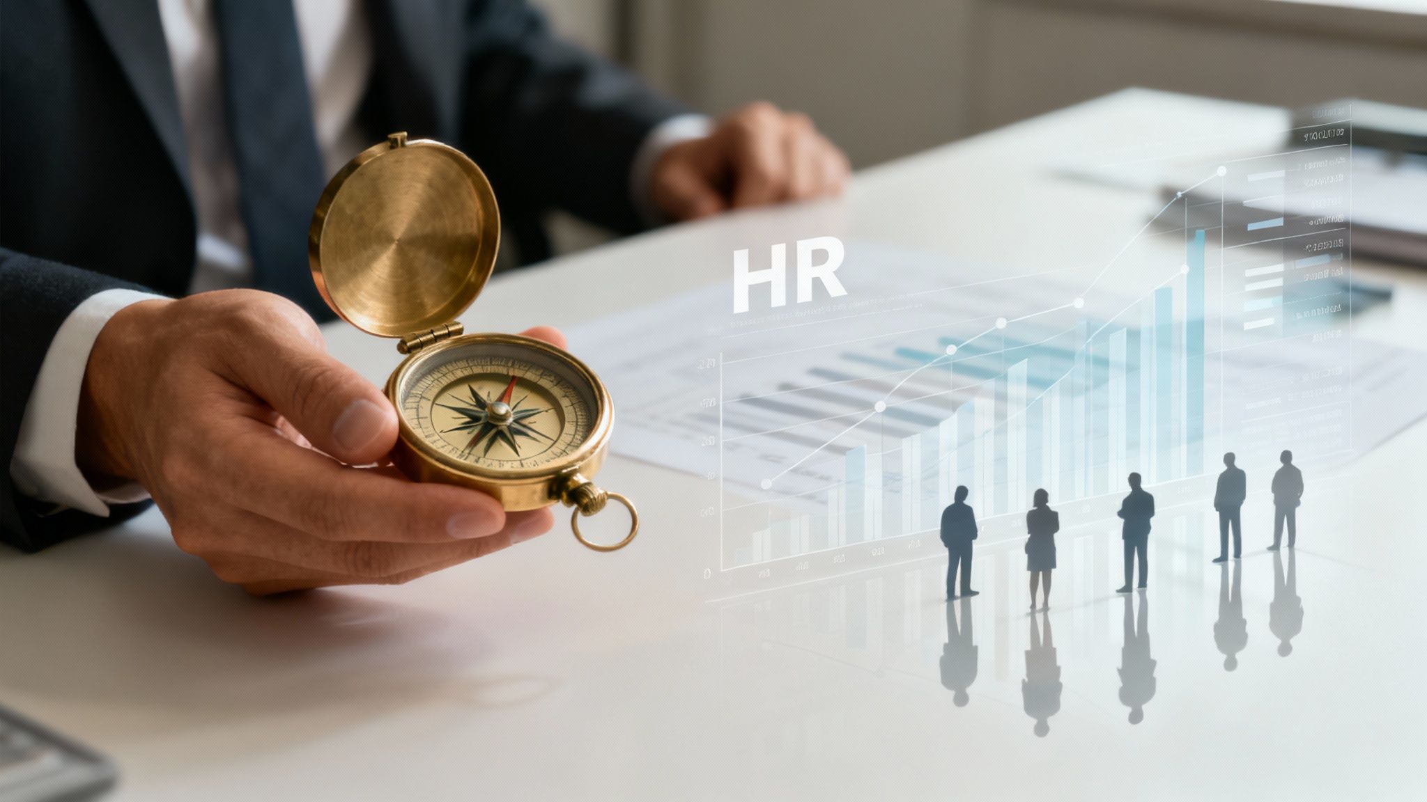 A person pointing at a screen with charts and graphs, representing workforce analytics.