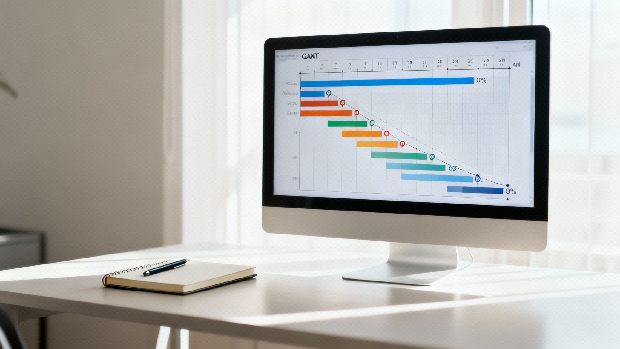 Gantt chart displayed on computer monitor showing project timeline with colored task bars and progress indicators