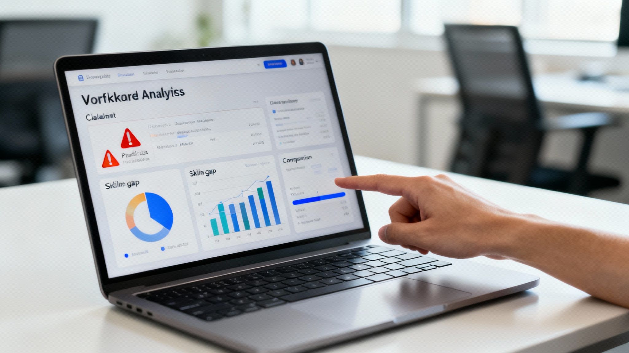 A dashboard showing various workforce analytics charts and metrics.