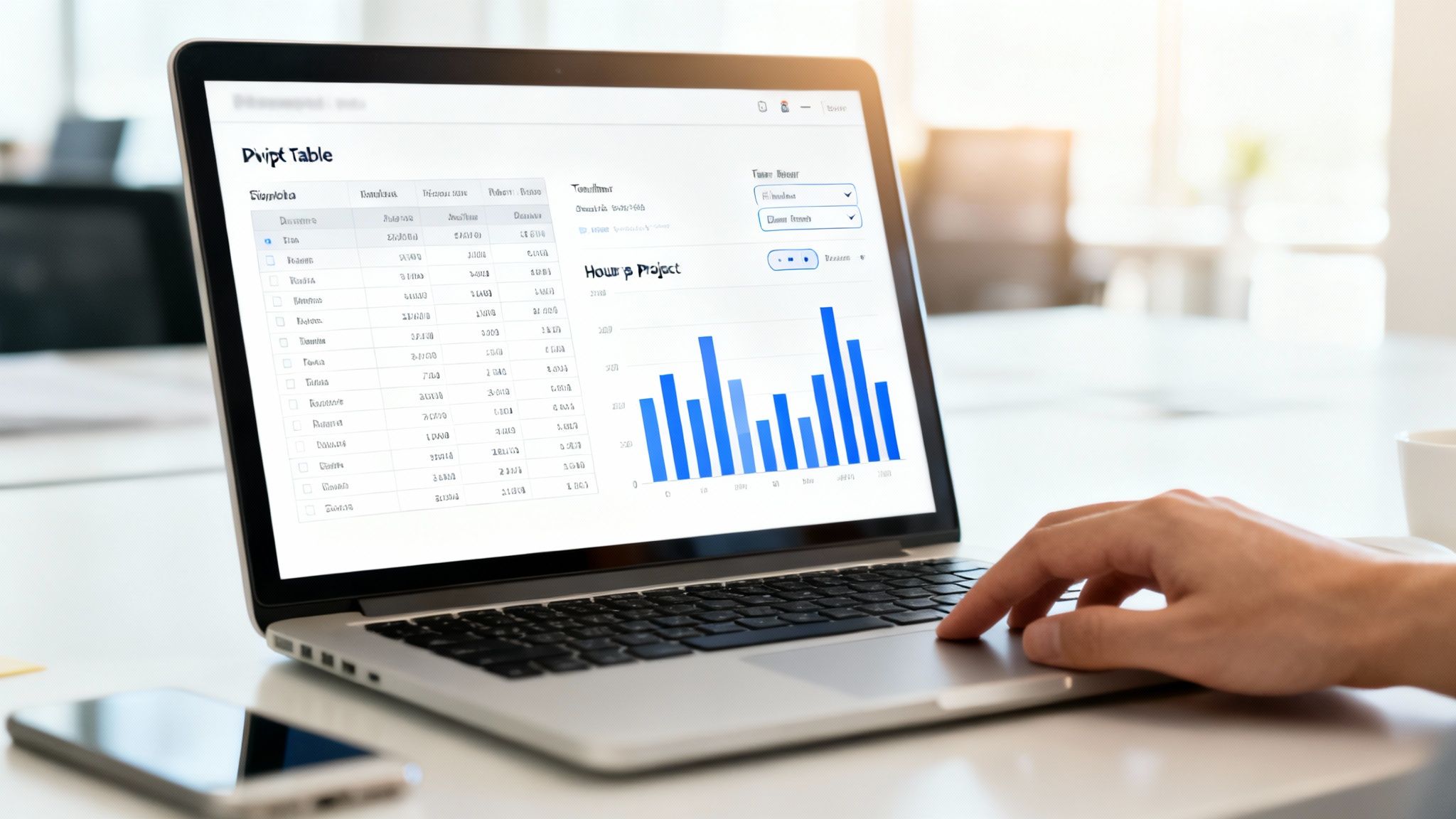 Professional working on a laptop displaying a pivot table and project hours bar chart.