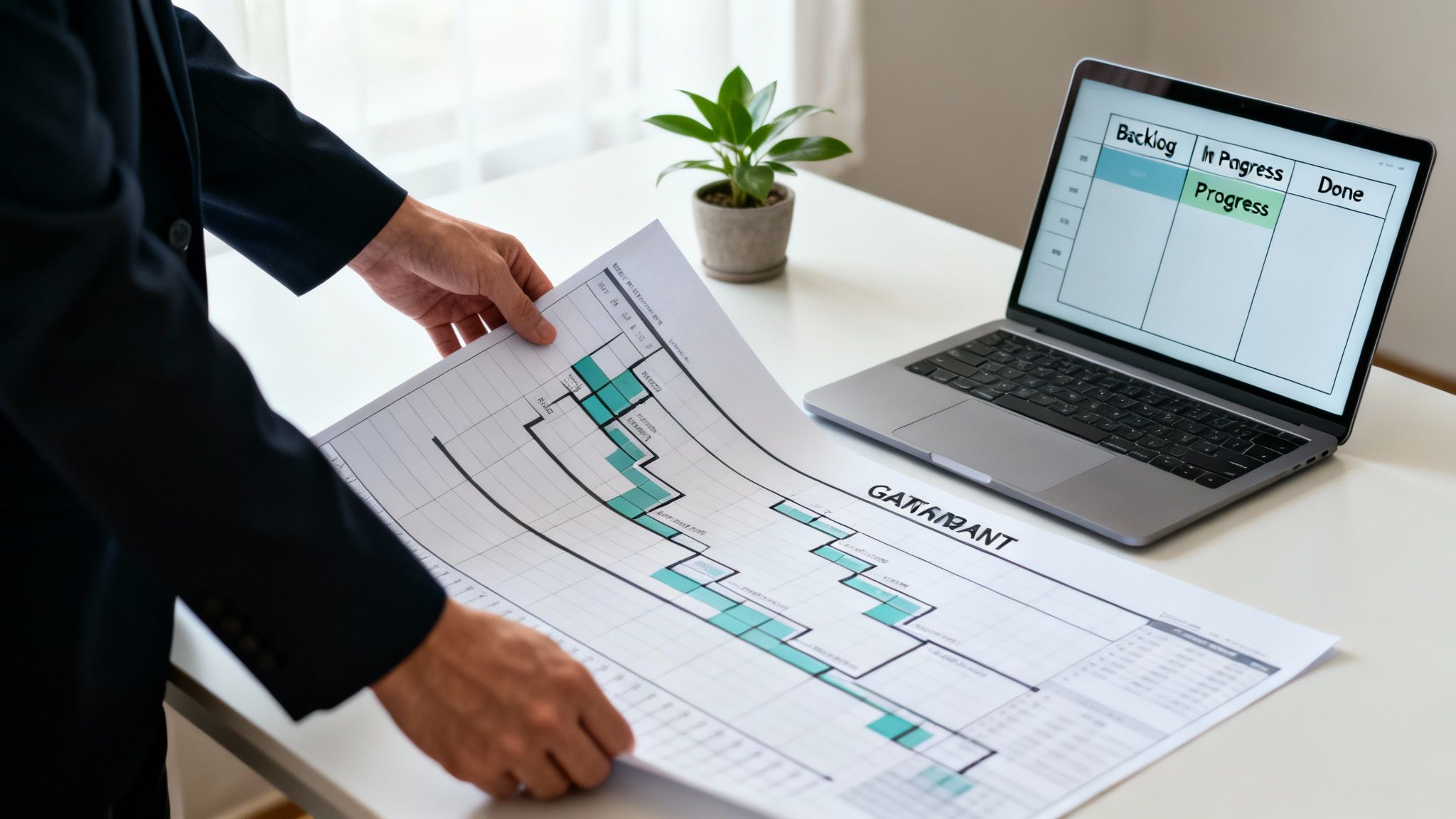 A person reviews a printed Gantt chart next to a laptop displaying an agile Kanban board.
