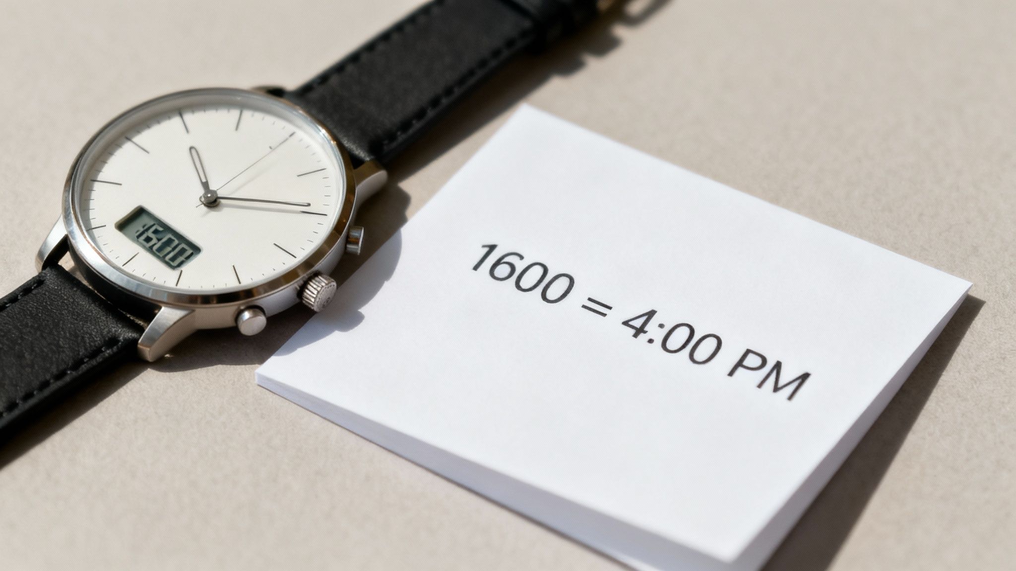 A watch with a digital display showing 1600 and a note explaining 1600 equals 4:00 PM.