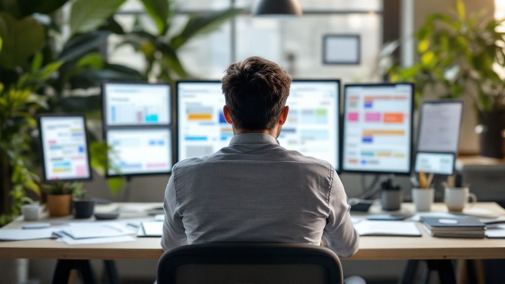 A person managing multiple tasks on a digital interface, representing project management.