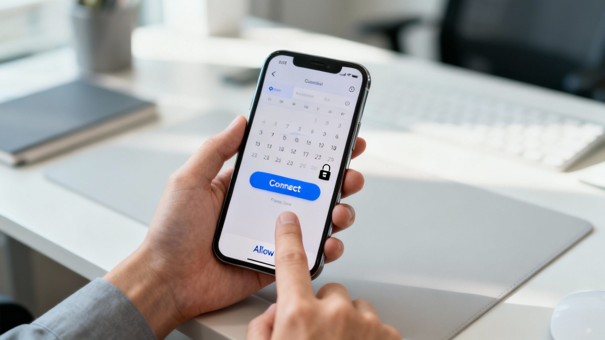 An illustration showing a calendar icon connected to a time-tracking app icon with syncing arrows between them.