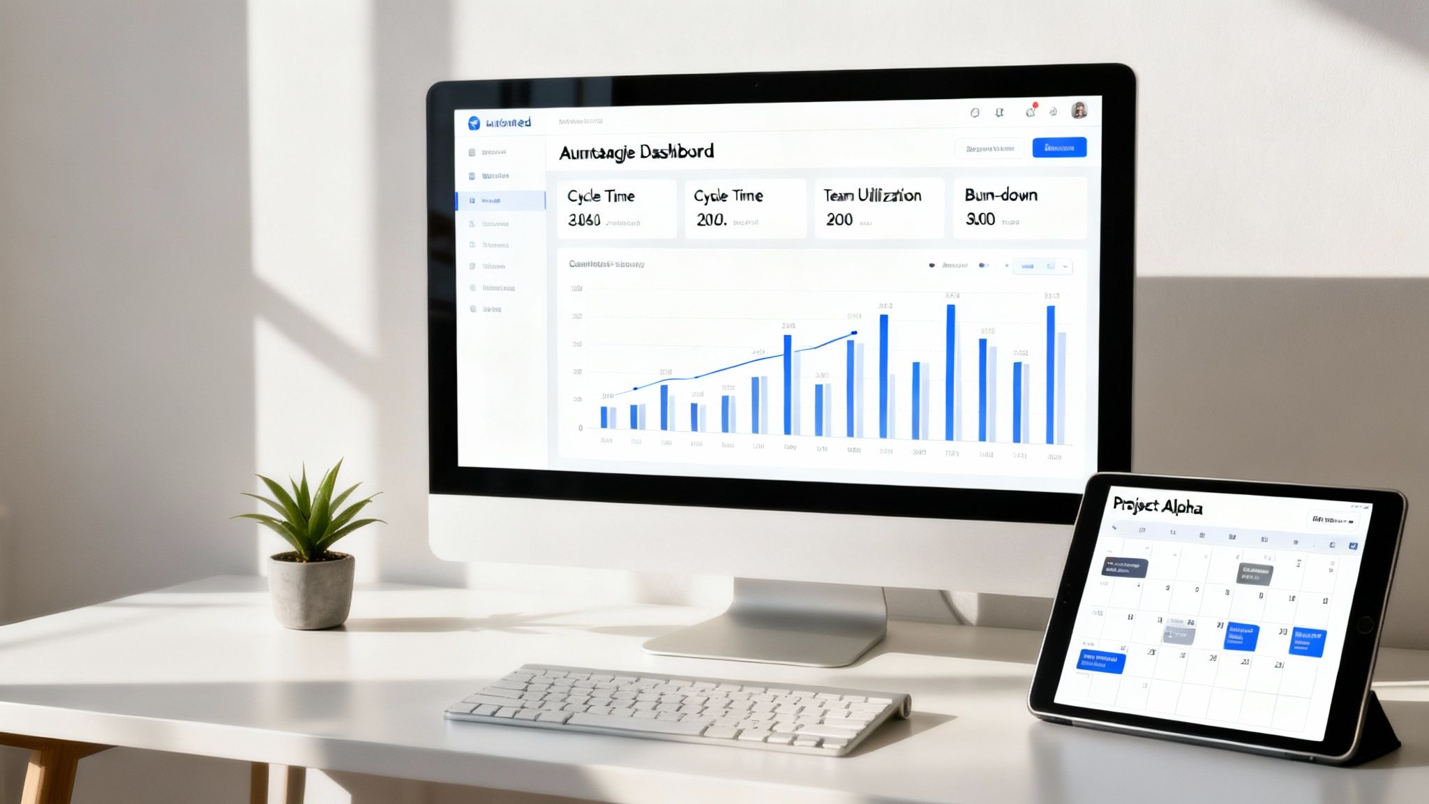 Modern office desk setup with a computer showing a project dashboard and a tablet calendar.