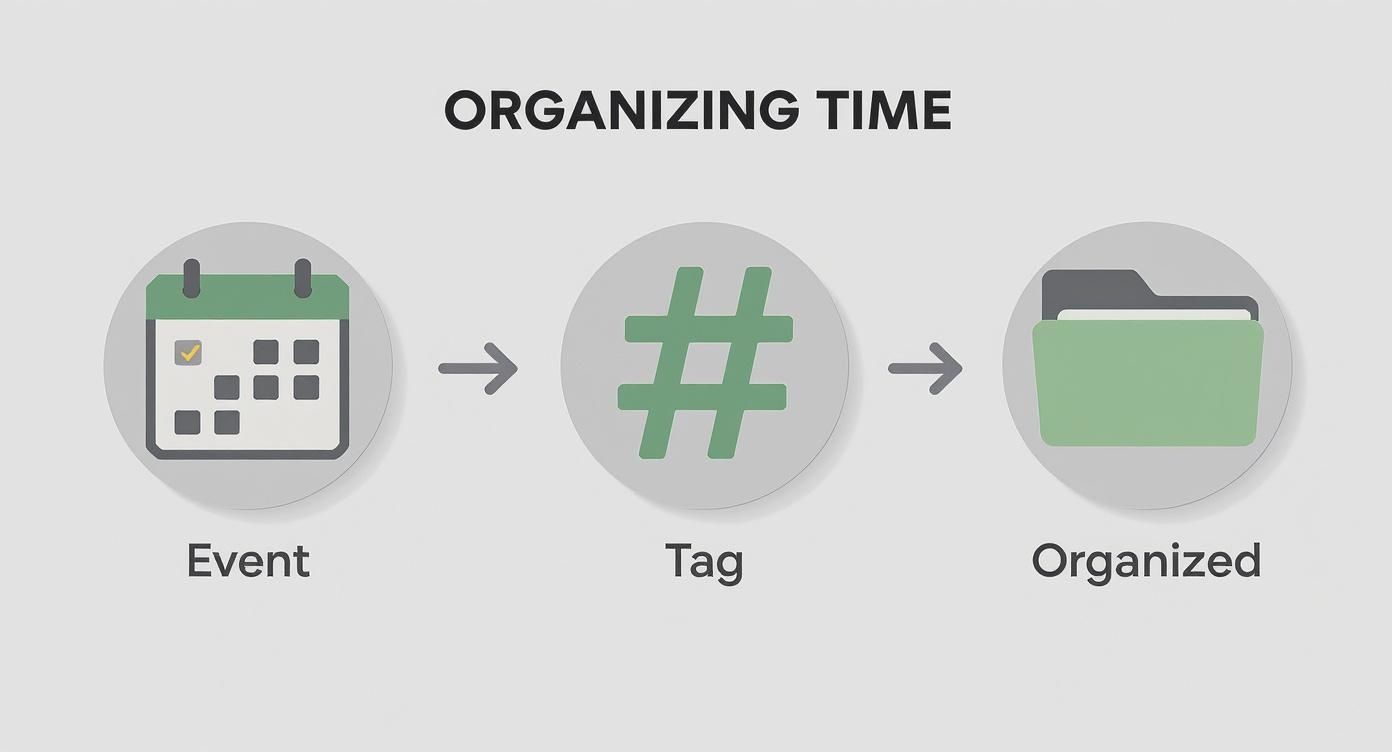 An infographic showing a three-step process: a calendar icon for 'Event', a hashtag icon for 'Tag', and a folder icon for 'Organized', demonstrating how billable hours are tracked and sorted.