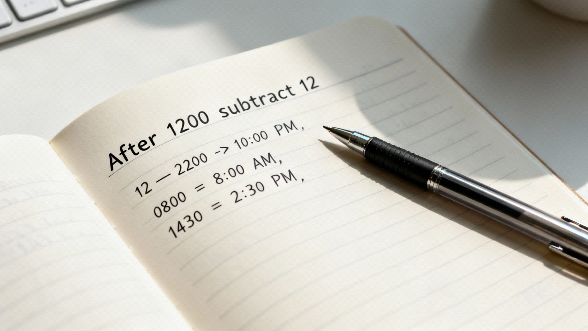 Open notebook with handwritten notes explaining military time conversion, with examples and a pen.